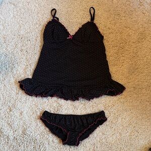 Rampage lingerie tank top ruffle pink black polka dot medium set full back panty